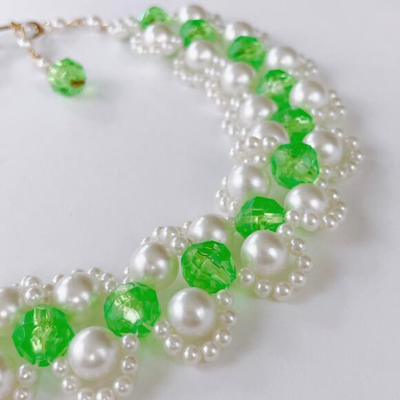 VTG Green Beaded Choker Necklace Faux Pearl Gold Tone Adjustable Y2K 2000s - Picture 3 of 12